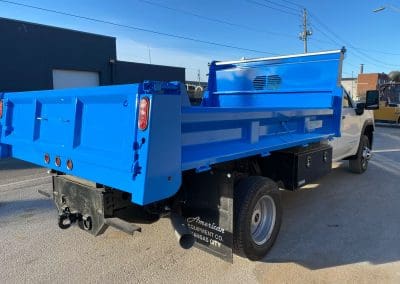 Completed blue paint job on a custom service truck bed